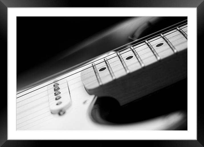 Black and White Fender Electric Guitar Wall Art Framed Mounted Print by Natalie Kinnear