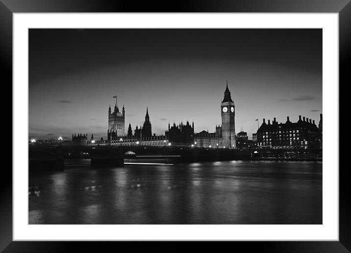 Houses of Parliament Night bw Framed Mounted Print by David French