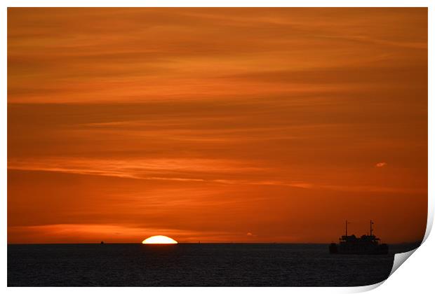 Evening golden sunset with boat. Print by Beryl Osborne