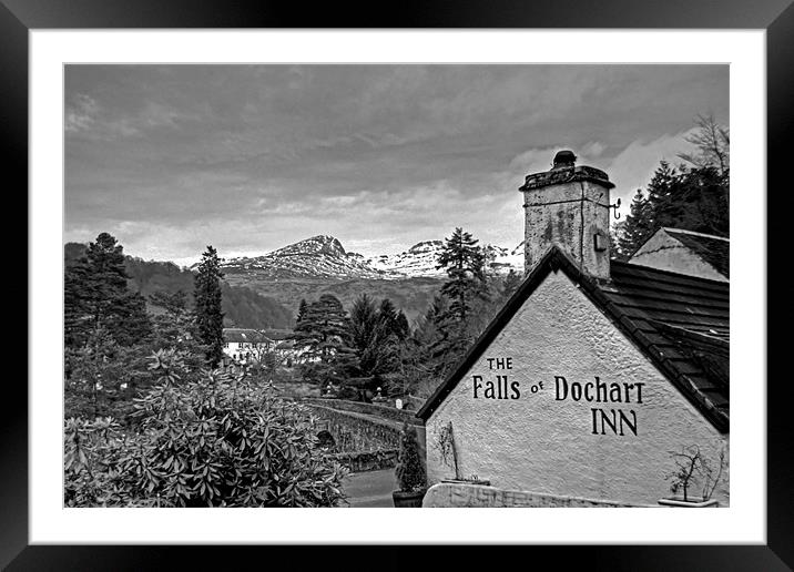 The view from the Falls of Dochart Inn - B&W Framed Mounted Print by Tom Gomez