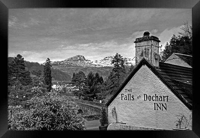 The view from the Falls of Dochart Inn - B&W Framed Print by Tom Gomez