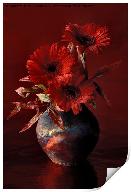 GERBERAS IN A RAKU POT Print by Helen Cullens