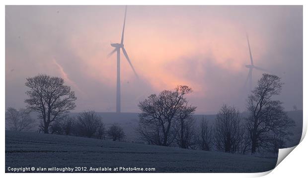 Wind turbines at dawn Print by alan willoughby