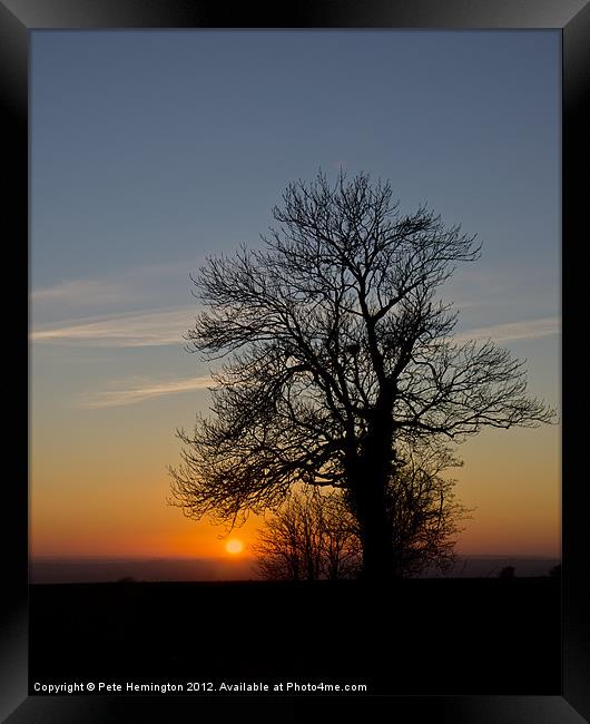 Hill top tree silhouetted against the sunset Framed Print by Pete Hemington