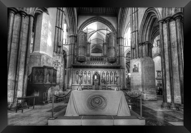 Rochester Cathedral interior HDR bw. Framed Print by David French