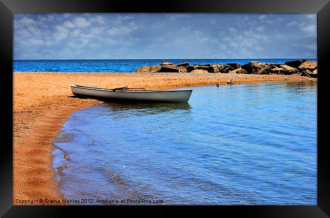 Lone Row boat on the Beach Framed Print by Elaine Manley