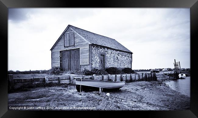 Boathouse At Thornham Framed Print by justin rafftree