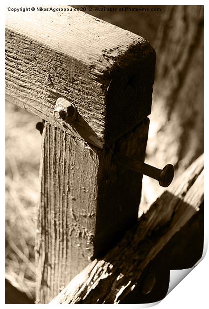 Metal bolts on timber posts Print by Alfani Photography