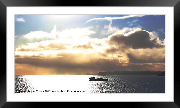 Golden horizon sparkling boat arrival Framed Mounted Print by Jon O'Hara