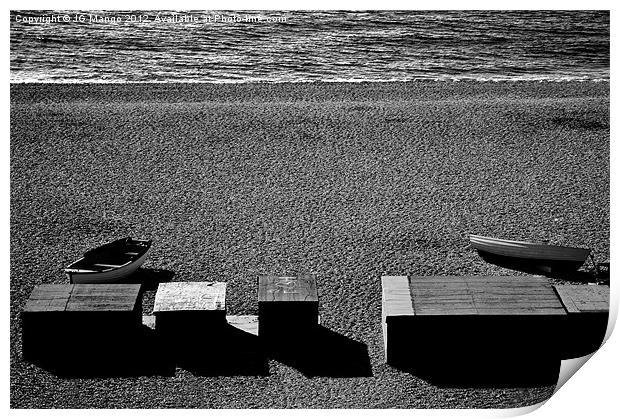 Boats, Boxes, Brighton Beach Print by JG Mango