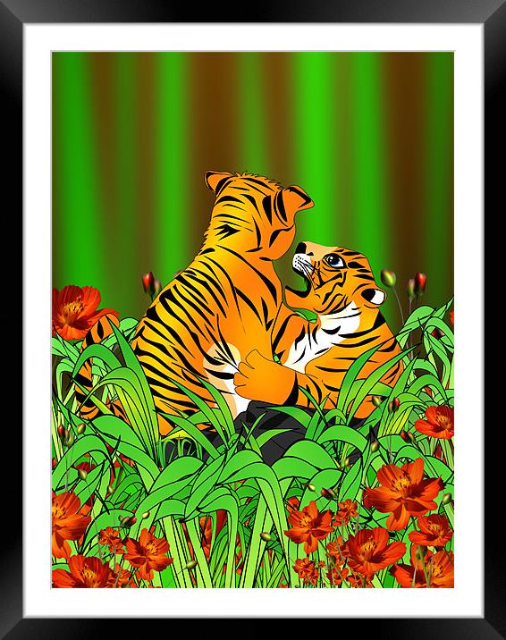 Playing Tiger Cubs Framed Mounted Print by Julie Hoddinott