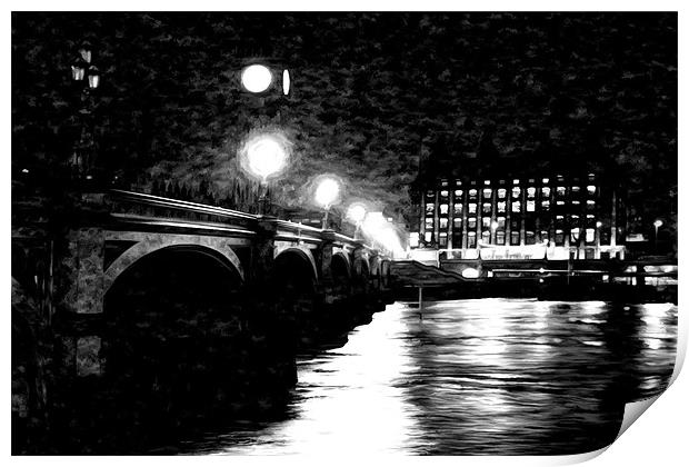 Lamplight over westminster bridge Print by karen shivas