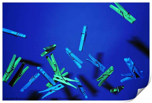 Flying Clothes Pegs Blue Background Print by Natalie Kinnear