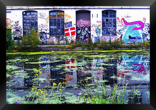 Hackney Canal And Grafitti London Framed Print by val butcher