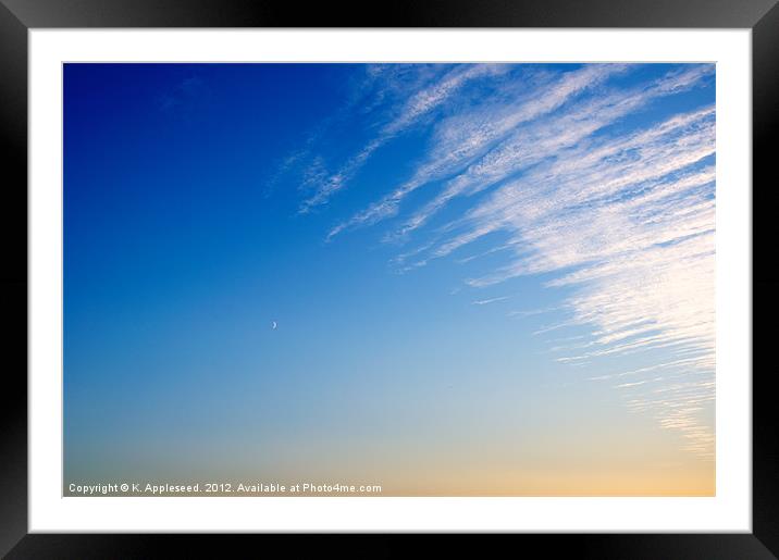 Crescent Moon, Clouds and Blue sky. Framed Mounted Print by K. Appleseed.
