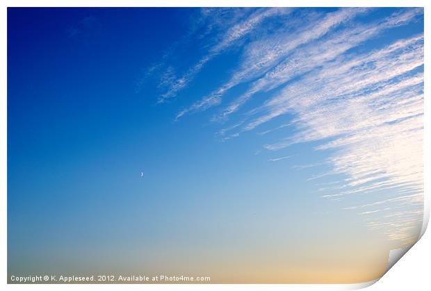 Crescent Moon, Clouds and Blue sky. Print by K. Appleseed.