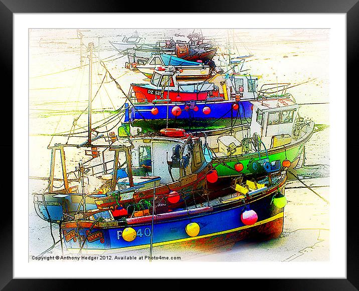 Painted Boats in the harbour Framed Mounted Print by Anthony Hedger