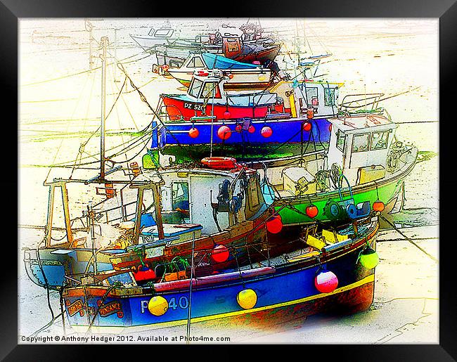 Painted Boats in the harbour Framed Print by Anthony Hedger