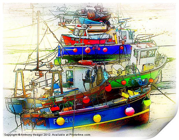 Painted Boats in the harbour Print by Anthony Hedger
