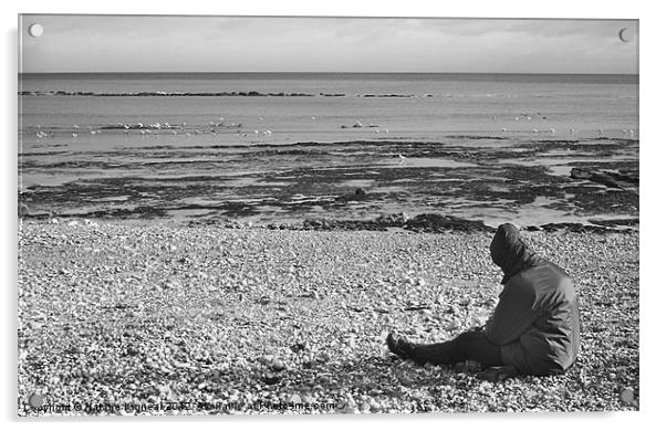 Lone Man Sitting on Pebble Beach Acrylic by Natalie Kinnear