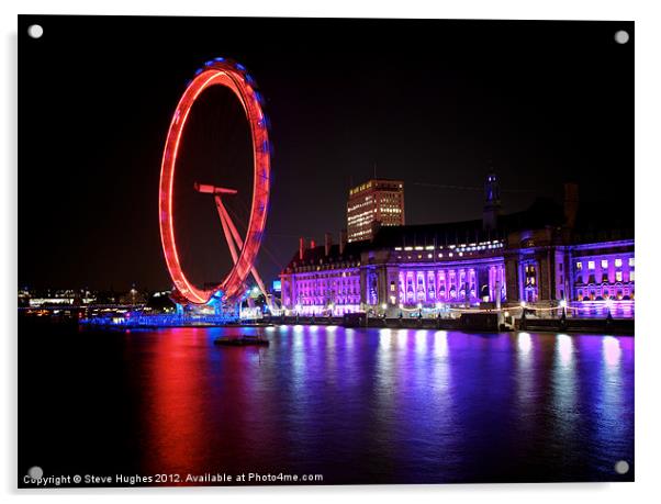 Red London Eye at Night Acrylic by Steve Hughes