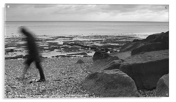 Lone Man Walking Along Pebble Beach Acrylic by Natalie Kinnear