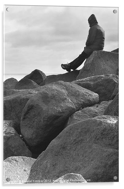 Lone Man Sitting on Rocky Beach Acrylic by Natalie Kinnear