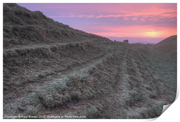Maiden Castle Ramparts at Sunrise Print by Paul Brewer