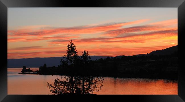 Sunset, Lake Geneva, Montreaux, Switzerland Framed Print by Linda More