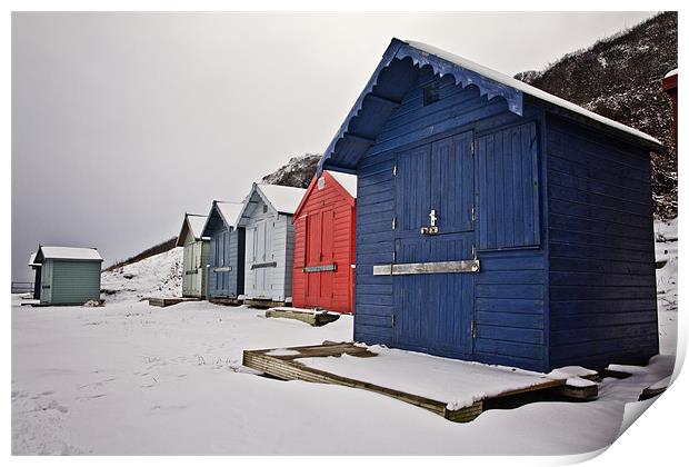 Snow Covered Beach Huts in Overstrand Print by Paul Macro