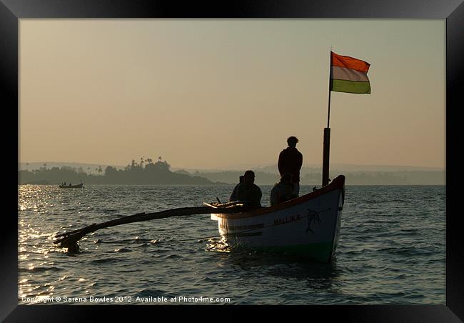 Dolphin Boat with Indian Flag Palolem, Goa, India Framed Print by Serena Bowles