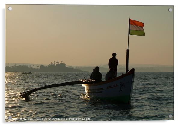 Dolphin Boat with Indian Flag Palolem, Goa, India Acrylic by Serena Bowles