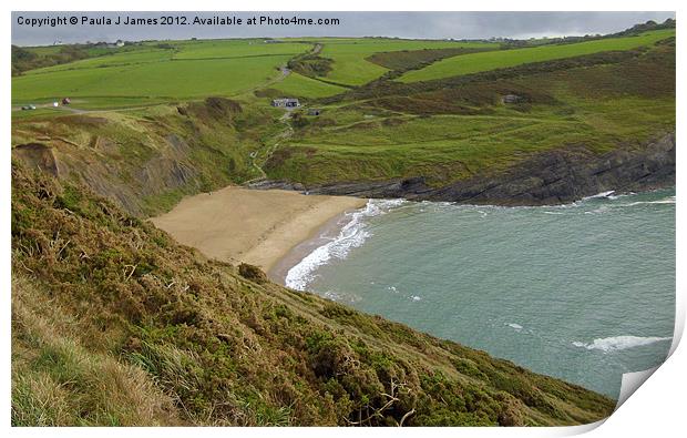 Mwnt Beach, taken from  Foel Y Mwnt Print by Paula J James