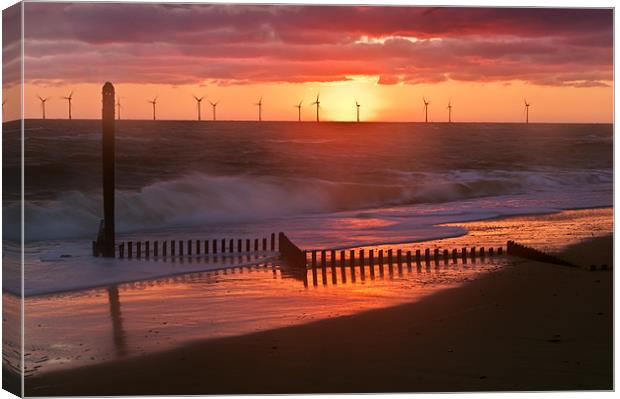 Sun, Turbines, Groyne and Sea Canvas Print by Stephen Mole