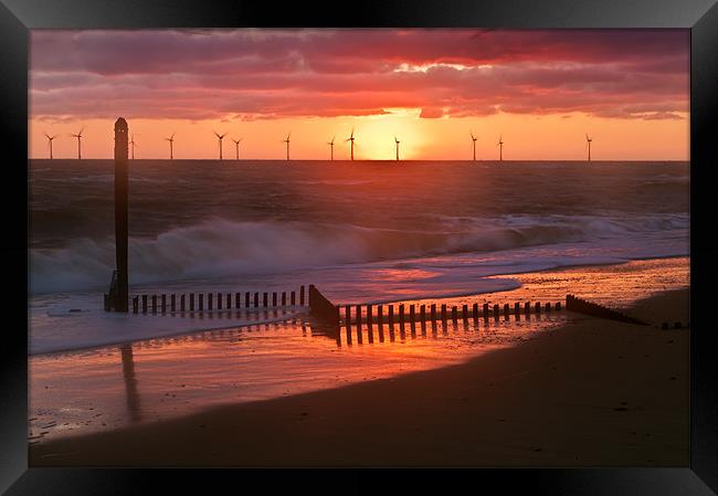 Sun, Turbines, Groyne and Sea Framed Print by Stephen Mole