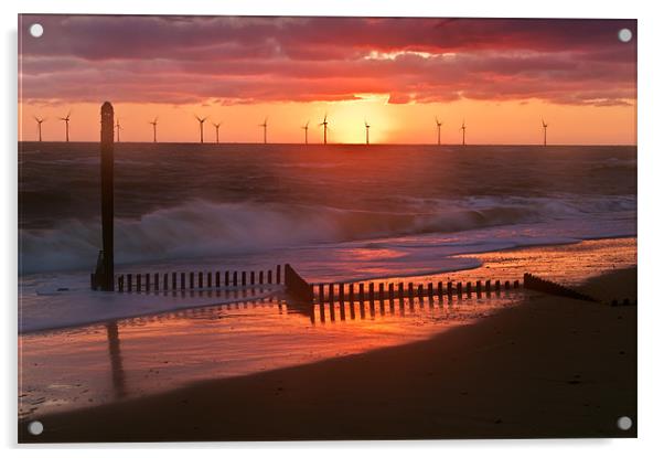 Sun, Turbines, Groyne and Sea Acrylic by Stephen Mole