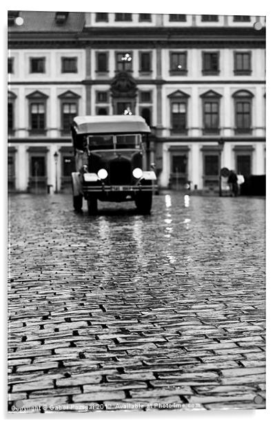 Old car approaching on cobblestone road Acrylic by Gabor Pozsgai