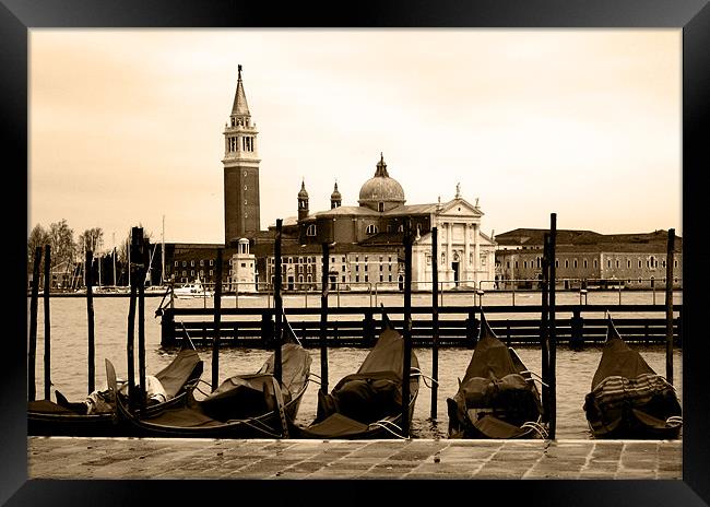 Gondolas and San Giorgio Maggiore, Venice, sepia Framed Print by Linda More