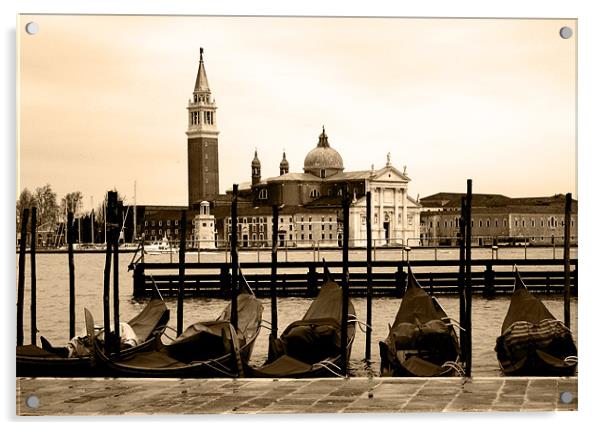 Gondolas and San Giorgio Maggiore, Venice, sepia Acrylic by Linda More