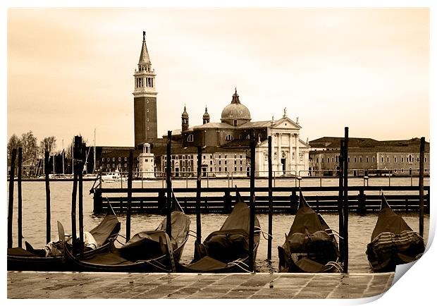 Gondolas and San Giorgio Maggiore, Venice, sepia Print by Linda More