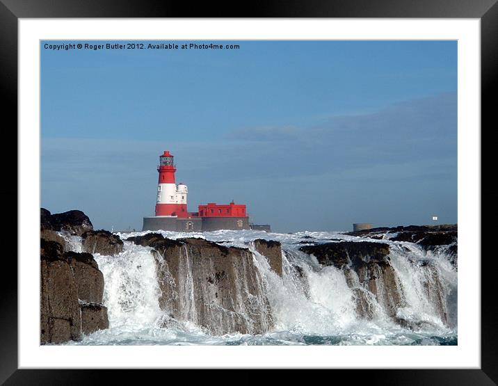 Waves Break at Longstone Lighthouse Framed Mounted Print by Roger Butler