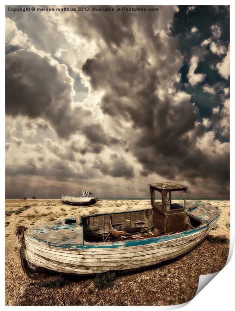 dreamy wrecked wooden fishing boats Print by meirion matthias