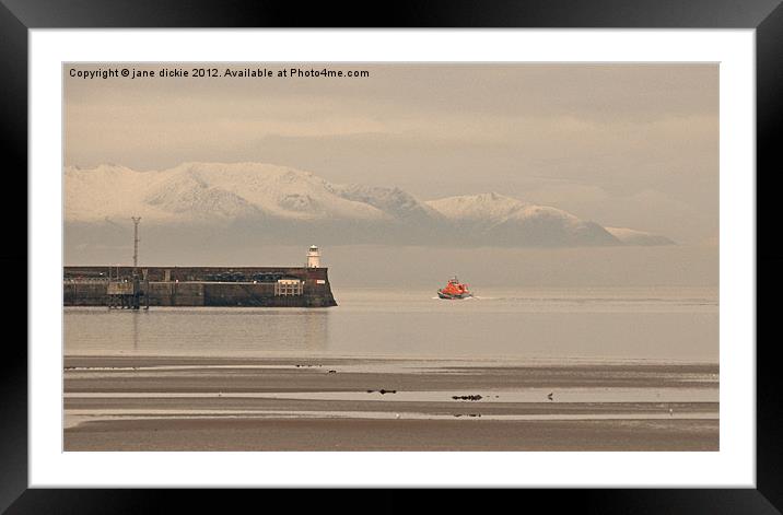 Troon lifeboat and Arran hills Framed Mounted Print by jane dickie