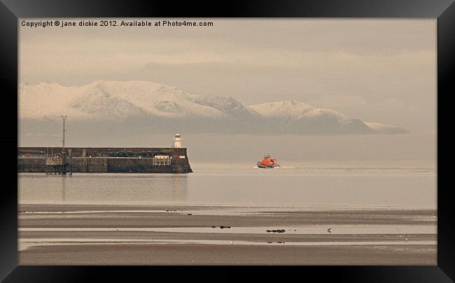 Troon lifeboat and Arran hills Framed Print by jane dickie