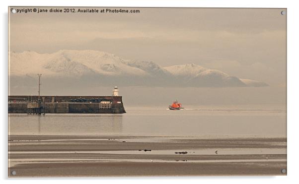 Troon lifeboat and Arran hills Acrylic by jane dickie