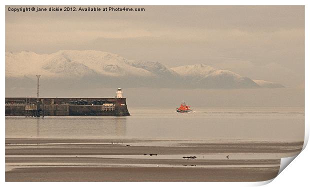 Troon lifeboat and Arran hills Print by jane dickie