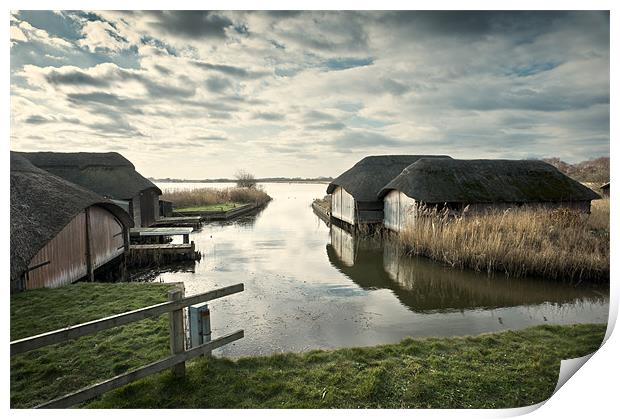 Hickling Boathouses Print by Stephen Mole