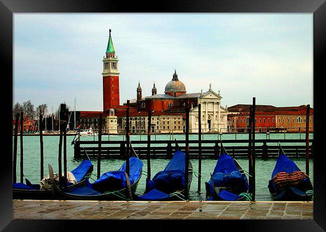 Gondolas and San Giorgio Maggiore, Venice Framed Print by Linda More