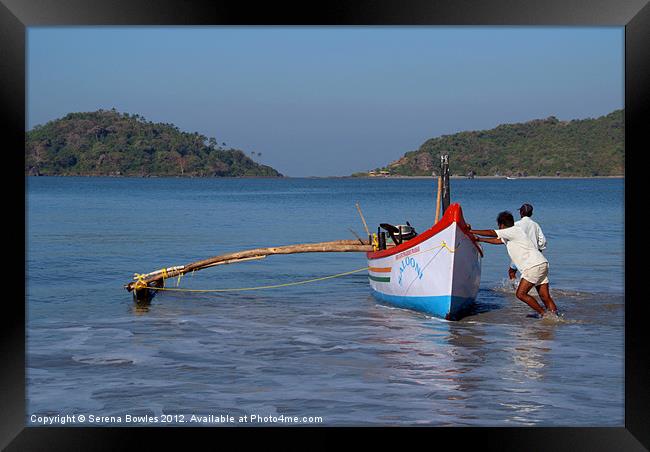 Pushing the Boat out Palolem, Goa, India Framed Print by Serena Bowles