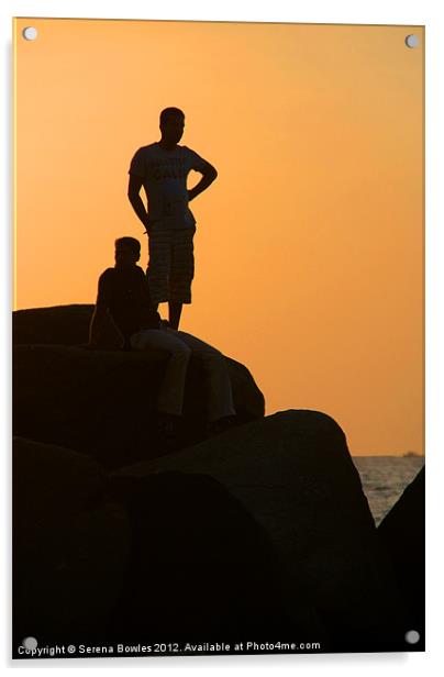 Silhouetted Figures on Rock at Sunset Palolem Acrylic by Serena Bowles